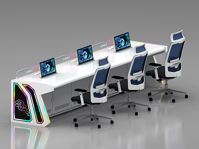 Modern Office Desk With Multiple Computer Monitors Ergonomic Chairs And RGB Lighting 3d model
