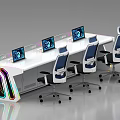 Modern Office Desk With Multiple Computer Monitors Ergonomic Chairs And RGB Lighting