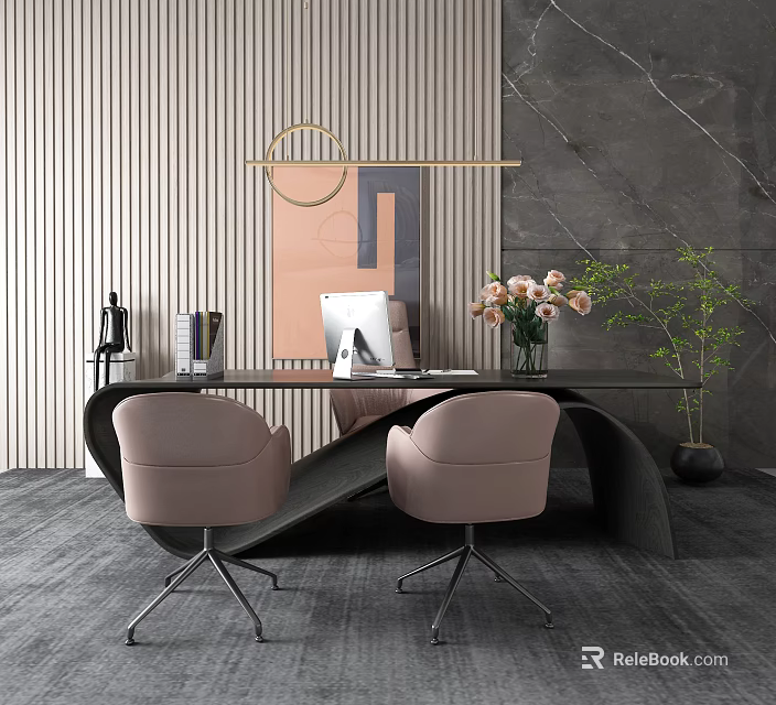 Modern Office Desk with Pink Chairs Computer Flower Vase Striped Wall and Green Plant 3d model 