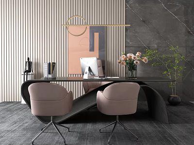 Modern Office Desk with Pink Chairs Computer Flower Vase Striped Wall and Green Plant 3d model