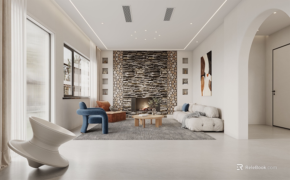 Modern Comfortable Lounge Interior With Stone Wall Fireplace Sofa Armchair And Coffee Table 3d model 