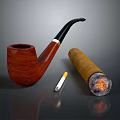 Classic Smoking Accessories With Wooden Pipe Burning Cigar And Cigarette On Dark Surface