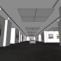 Long Art Gallery Interior With White Walls Hanging Paintings Dark Flooring And Ceiling Lights