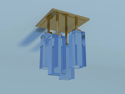 Modern Golden Chandelier With Square Base And Multiple Blue Glass Hanging Blocks 3d model