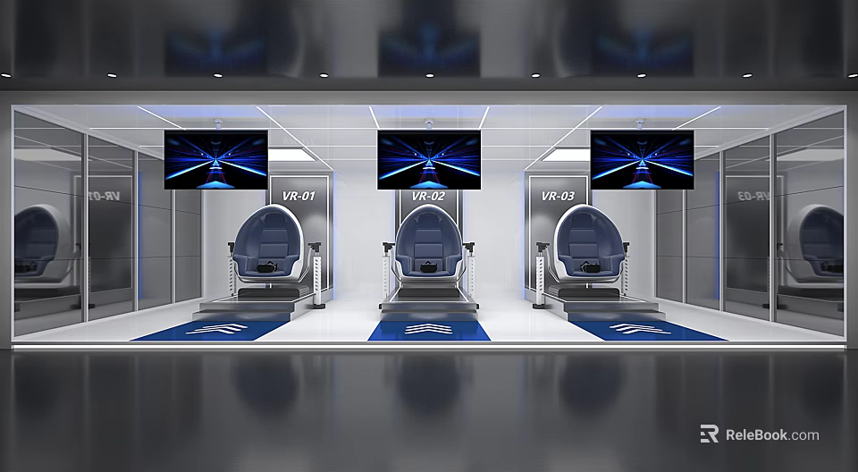 Modern VR Experience Setup With Three Seats And Interactive Screens 3d model 