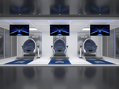 Modern VR Experience Setup With Three Seats And Interactive Screens 3d model