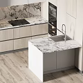 Modern Kitchen Interior With Light Wood Cabinets Marble Countertop And LED Strip Lighting