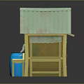 Cartoon Style Adorable Hut With Green Corrugated Roof Blue Barrel Small Sink And Wooden Bench