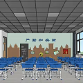 School Classroom Interior With Blue Desks Chairs Wall Slogan Decorations Grid Ceiling And Windows 3d model