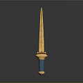 Golden Decorated Sword with Blue Hilt and Shiny Golden Blade on Dark Background