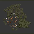 Enchanting Forest Campsite With Wooden Huts Rocks And Lush Green Trees