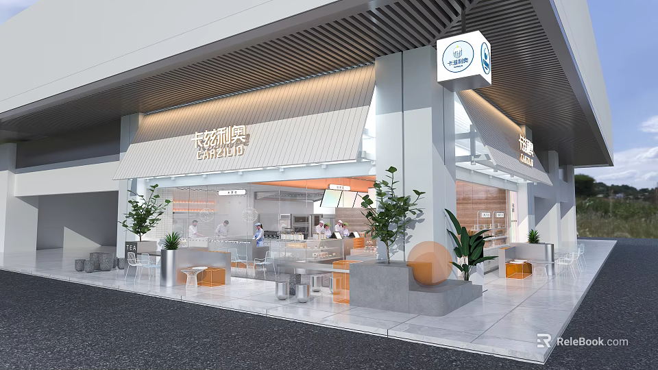 Elegant Modern Dessert Shop Storefront With Outdoor Seating Green Plants And Glass Windows 3d model 