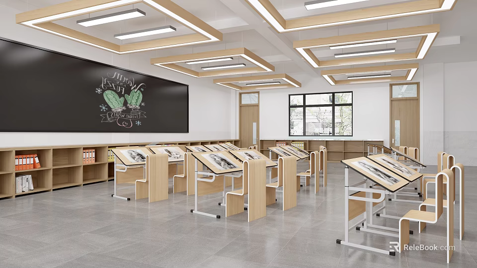 Modern School Classroom Interior With Blackboard Student Desks Ceiling Lights And Windows 3d model 