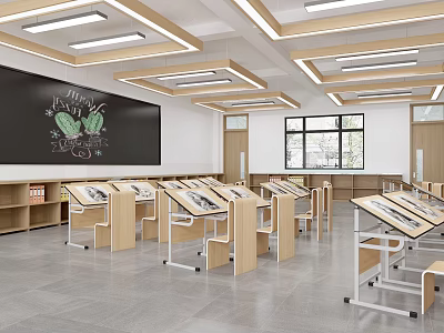 Modern School Classroom Interior With Blackboard Student Desks Ceiling Lights And Windows 3d model