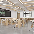 Modern School Classroom Interior With Blackboard Student Desks Ceiling Lights And Windows 3d model