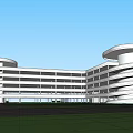 Modern Building With Circular Design White Exterior Multi Story Lawn Pedestrians And Vehicles