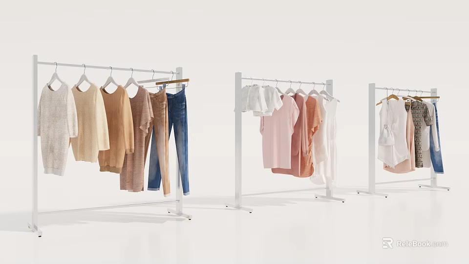 Clothes Racks With Hanging Shirts Pants And Dresses In Modern Display Space 3d model 