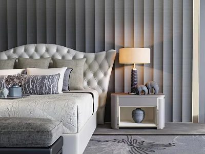 Background Double Bed With Tufted Headboard Gray Striped Wall Nightstand Table Lamp And Decorative Pillows 3d model