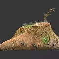 Cartoon Scene of Cliff with Stacked Stone Pillar Transparent Top Yellow Liquid and Green Grass