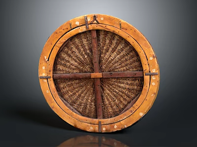 Ancient Defensive Weapon Round Shield With Wooden Frame Woven Center And Decorative Edges 3d model