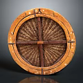 Ancient Defensive Weapon Round Shield With Wooden Frame Woven Center And Decorative Edges