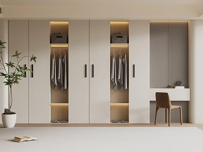 Modern White Wardrobe With Hanging Clothes Lit Compartments Side Desk And Chair Potted Plant 3d model