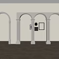 Interior With White Arched Doorways And Columns With Paintings On Wall And Brown Floor