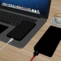 Modern Digital Workspace With Charging Smartphone Power Bank And Laptop On Wooden Desk
