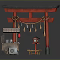 Traditional Japanese Commercial Food Cart With Red Torii Gate Lantern Small Table And Portable Fan
