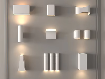 Modern White Wall Lamps With Various Shapes Illuminated On Gray Wall 3d model