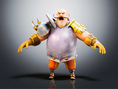 Bald Game Movie Character 3D Model With Big Mustache Purple Armor Golden Accents And Orange Pants 3d model