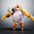 Bald Game Movie Character 3D Model With Big Mustache Purple Armor Golden Accents And Orange Pants