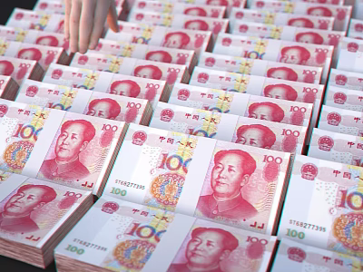 100 Yuan RMB Banknotes Arranged With Hand Touching 3d model