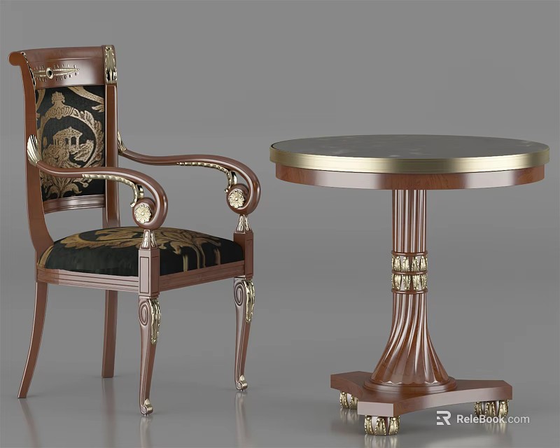 Vintage Wooden Chair and Round Table Set With Carved Details and Gold Accents 3d model 