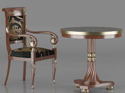 Vintage Wooden Chair and Round Table Set With Carved Details and Gold Accents 3d model
