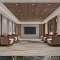 Modern Hotel Public Lounge Area With Wooden Ceiling TV Screen Sofas And Patterned Carpet 3d model
