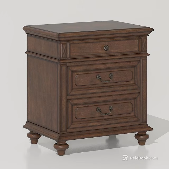 Traditional Wooden Brown Bedside Table With Three Drawers Metal Handles And Round Legs 3d model 