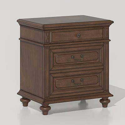 Traditional Wooden Brown Bedside Table With Three Drawers Metal Handles And Round Legs 3d model