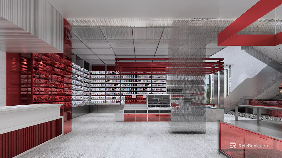 Modern Library Interior With Neatly Arranged Red Bookshelves And Transparent Partitions 3d model 