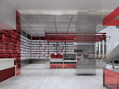 Modern Library Interior With Neatly Arranged Red Bookshelves And Transparent Partitions 3d model
