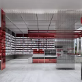 Modern Library Interior With Neatly Arranged Red Bookshelves And Transparent Partitions