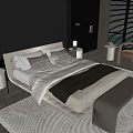 Modern Double Bed Room Interior With Gray White Bedding Wooden Floor And Bench