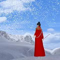 Person In Red Dress Playing Violin Amidst Snowy Mountain And Blue Sky With Falling Snowflakes
