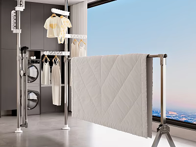 Modern Clothes Drying Rack with White Quilted Blanket and Hanging Clothes in Room with Large Window City View 3d model