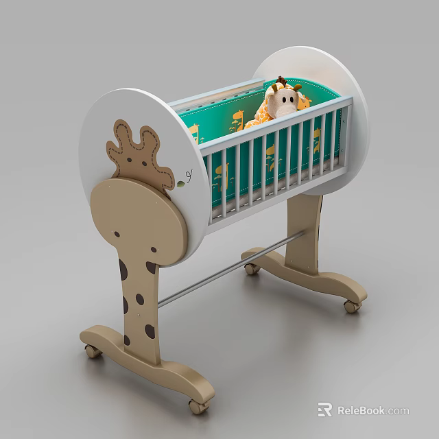 Giraffe Themed Baby Crib with White Frame Beige Legs Green Mattress and Wheels 3d model 