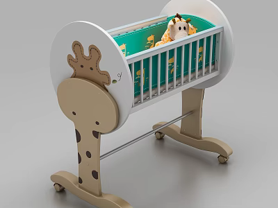 Giraffe Themed Baby Crib with White Frame Beige Legs Green Mattress and Wheels 3d model