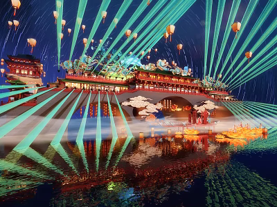 Ancient Chinese Architectural Night Scene With Illuminated Lanterns And Water Reflection 3d model