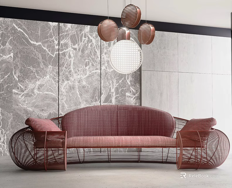 Pink Multi Seat Sofa With Woven Metal Frame And Marble Wall Pendant Lights 3d model 