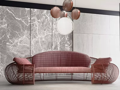 Pink Multi Seat Sofa With Woven Metal Frame And Marble Wall Pendant Lights 3d model
