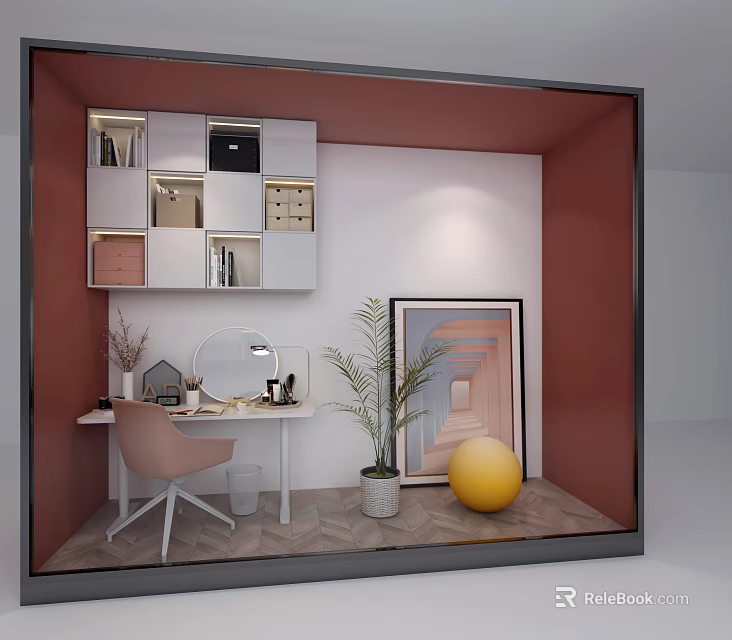 Modern Office Desk Setup With Pink Chair Table Lamp Green Plant And Wall Painting 3d model 
